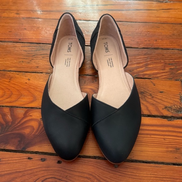TOMS Julie d'Orsay Flats Black Leather Canvas Heeled Loafer Size 10 Like New - Picture 7 of 11